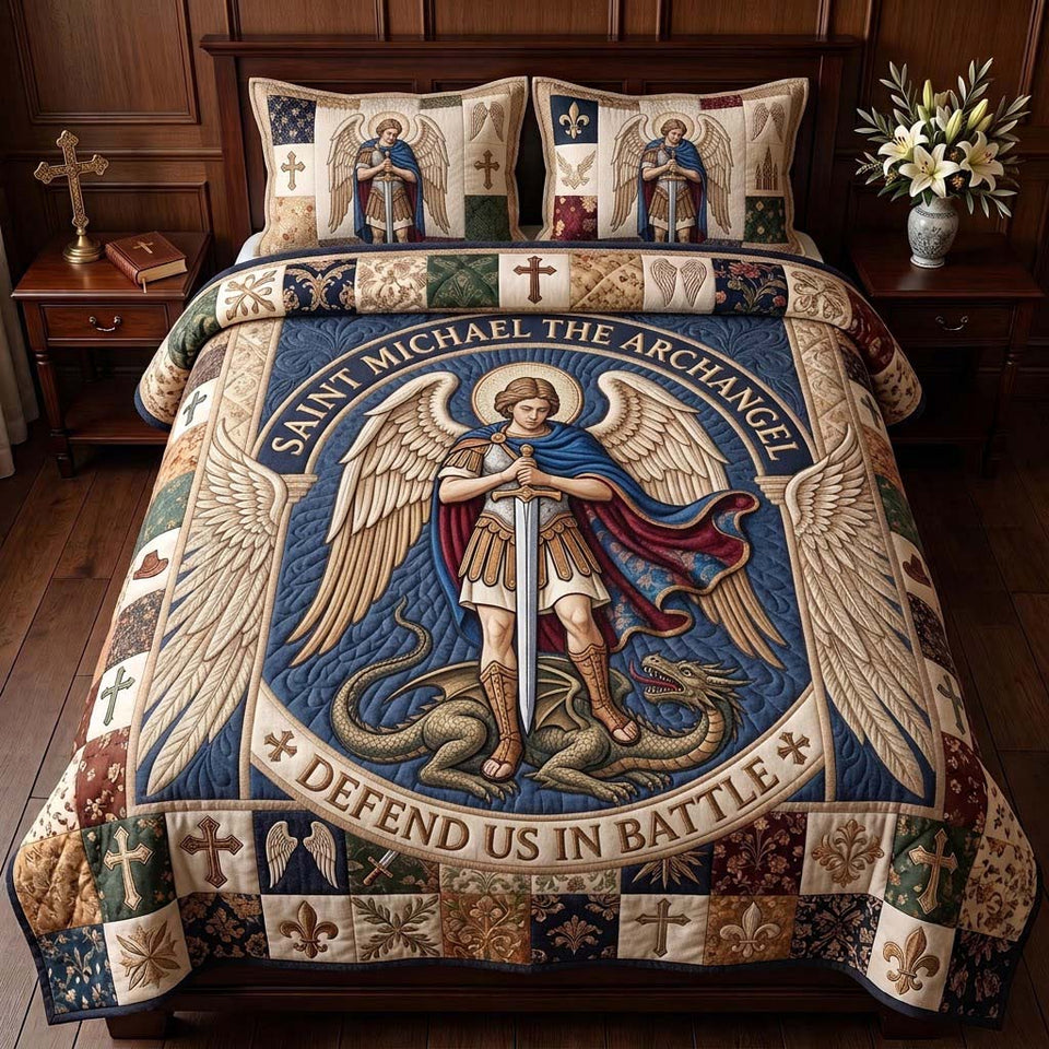 Saint Michael Defend Us quilted bedding set, quilt and two pillow shams on a made bed