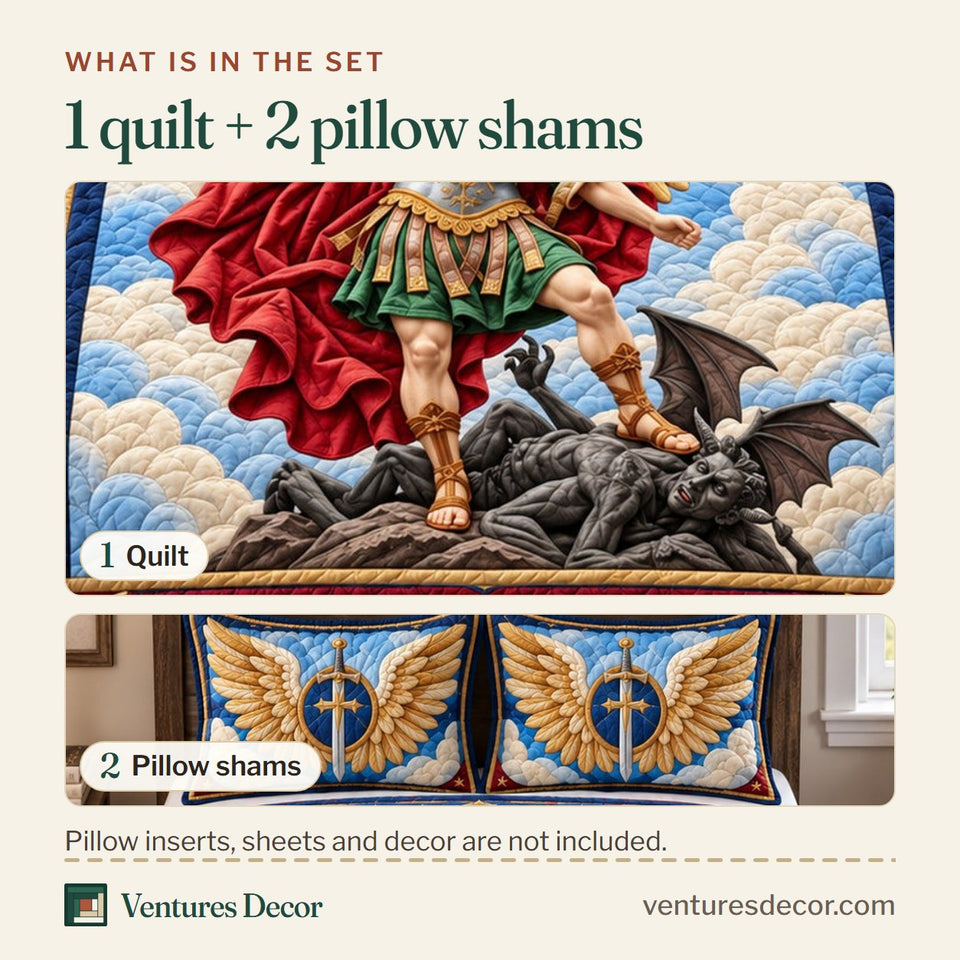 What is in the set: one quilt and two pillow shams, shown in the Saint Michael Defender Archangel design