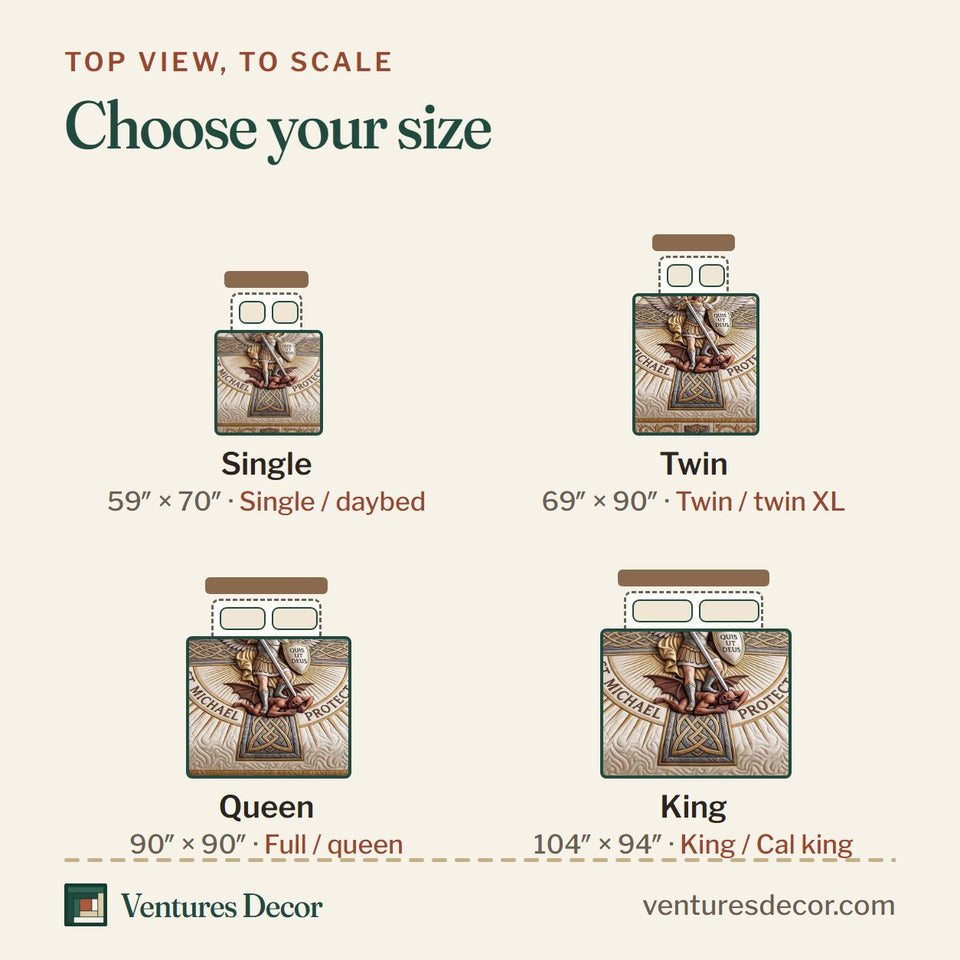 Size guide for the Saint Michael Golden Celtic Cross Rays quilt, top view to scale: Single 59 x 70 in, Twin 69 x 90 in, Queen 90 x 90 in, King 104 x 94 in