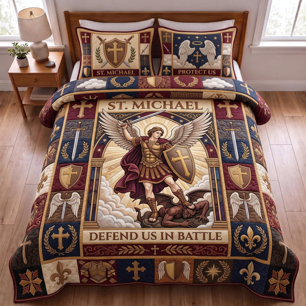 Saint Michael Guardian Christian quilted bedding set, quilt and two pillow shams on a made bed