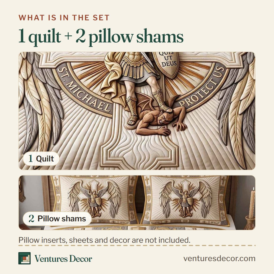 What is in the set: one quilt and two pillow shams, shown in the Saint Michael Ivory Tone on Tone Wings design