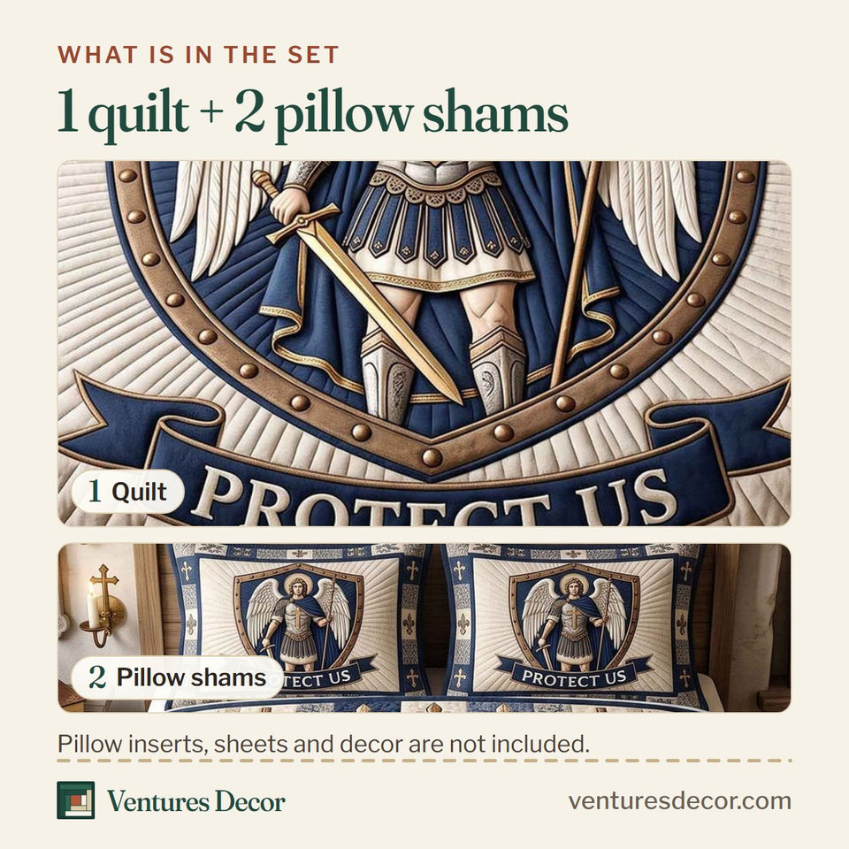 What is in the set: one quilt and two pillow shams, shown in the Saint Michael Navy Oval Crest design