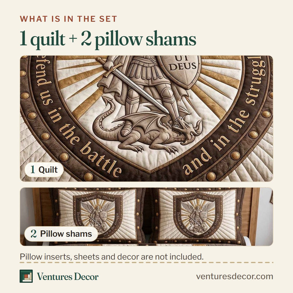 What is in the set: one quilt and two pillow shams, shown in the Saint Michael Round Brown Shield Medallion design