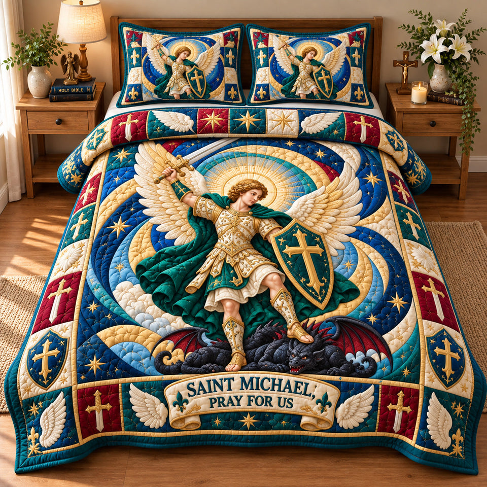 Saint Michael Strength quilted bedding set, quilt and two pillow shams on a made bed