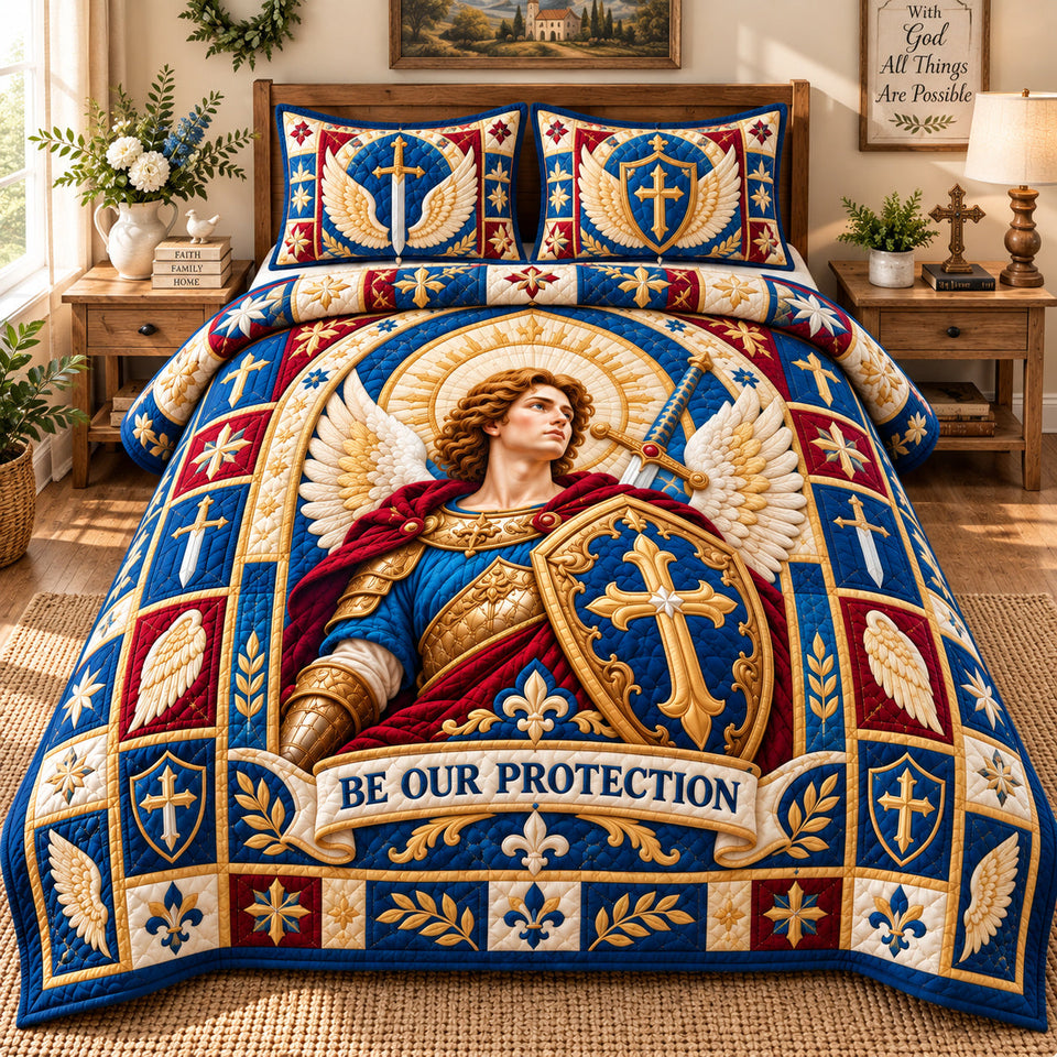 Saint Michael Victory quilted bedding set, quilt and two pillow shams on a made bed