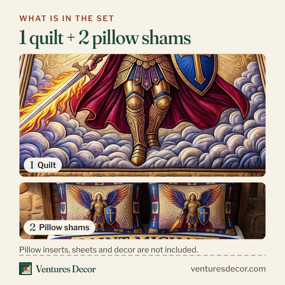 What is in the set: one quilt and two pillow shams, shown in the Saint Michael Violet Wings on Gold Clouds design