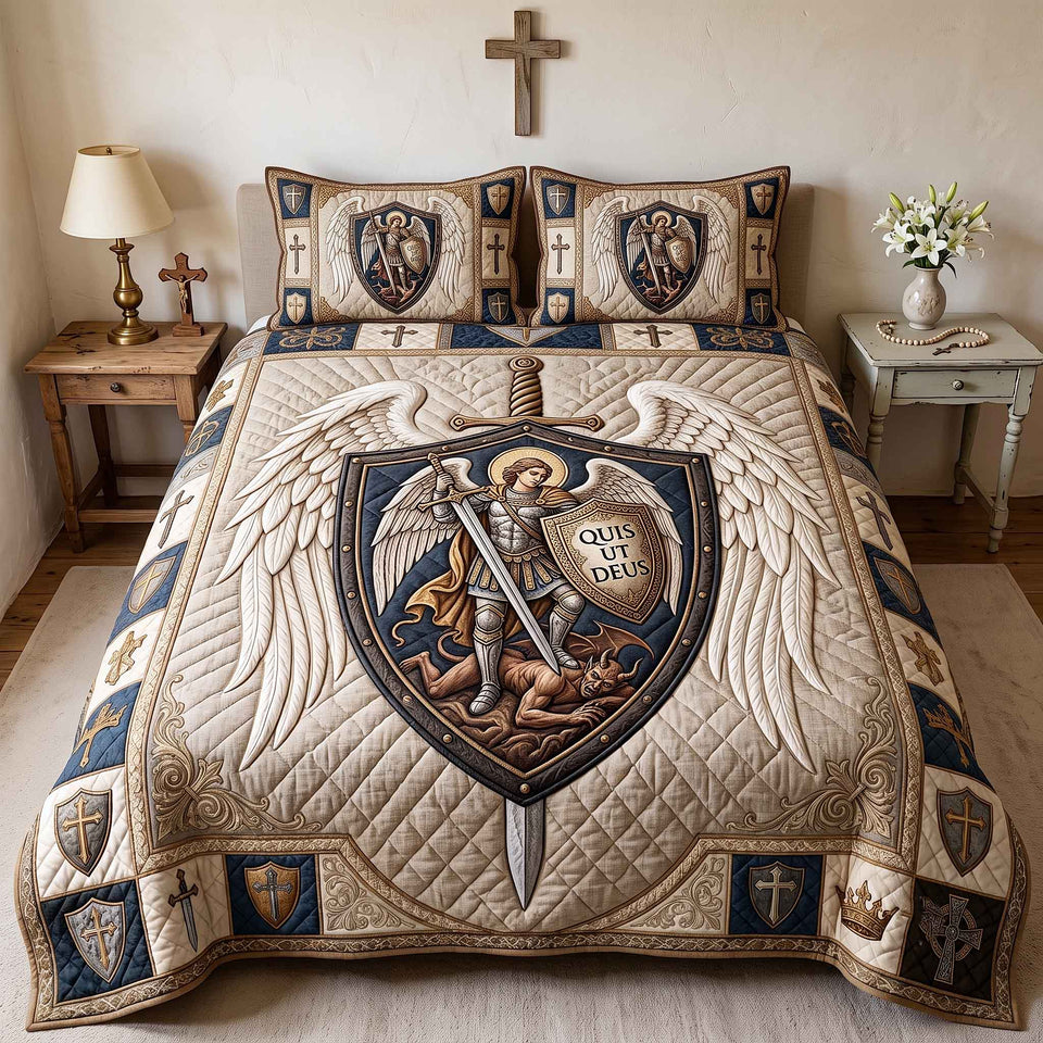 Saint Michael White Winged Shield quilted bedding set, quilt and two pillow shams on a made bed