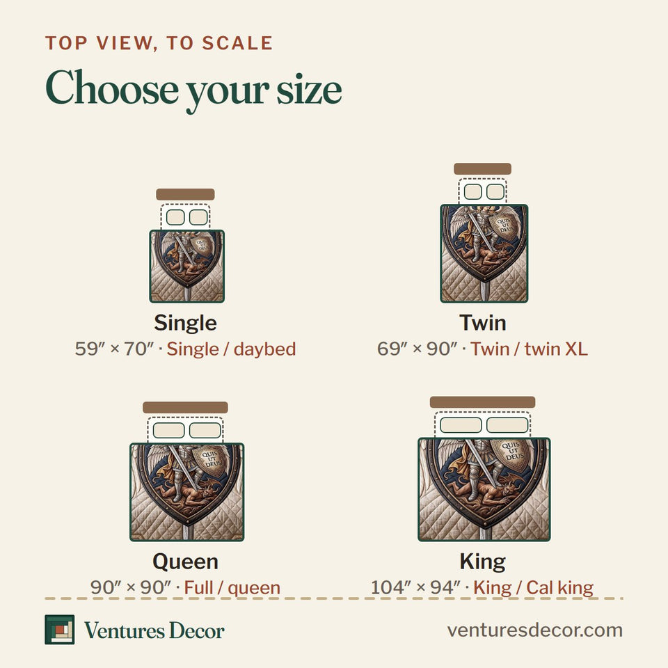 Size guide for the Saint Michael White Winged Shield quilt, top view to scale: Single 59 x 70 in, Twin 69 x 90 in, Queen 90 x 90 in, King 104 x 94 in