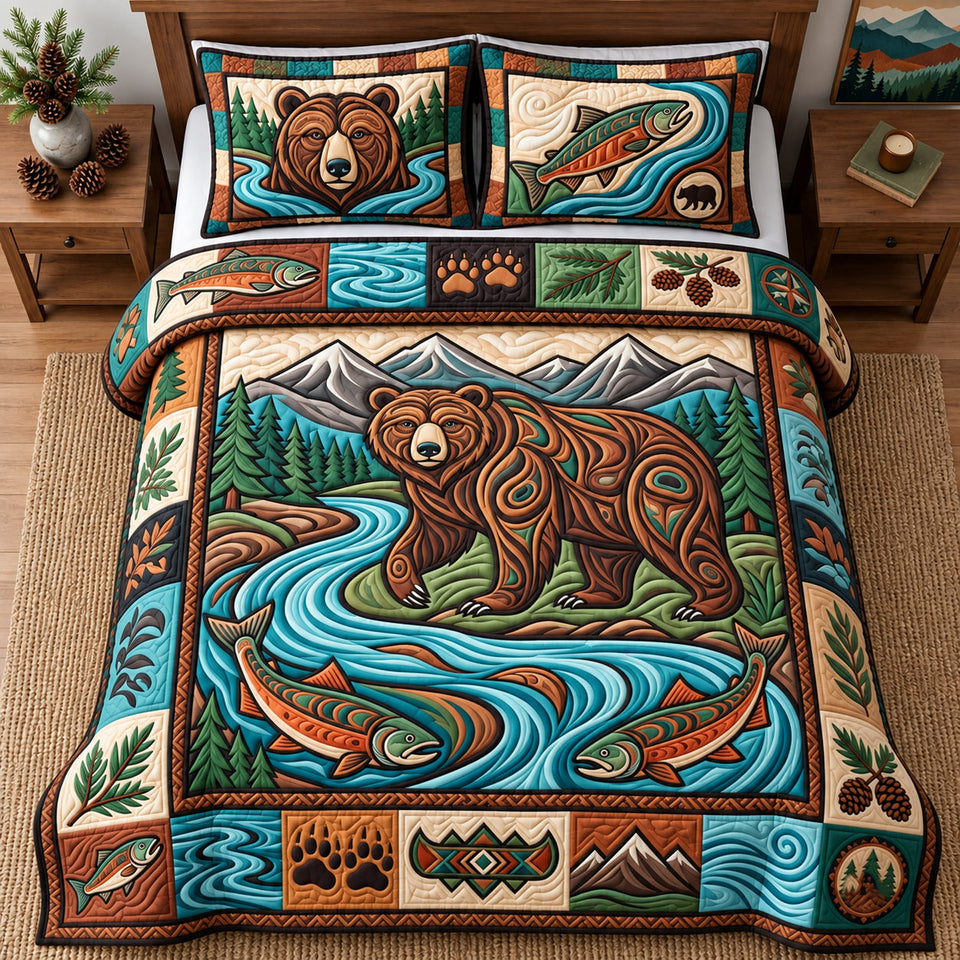 Salmon River Bear quilted bedding set, quilt and two pillow shams on a made bed