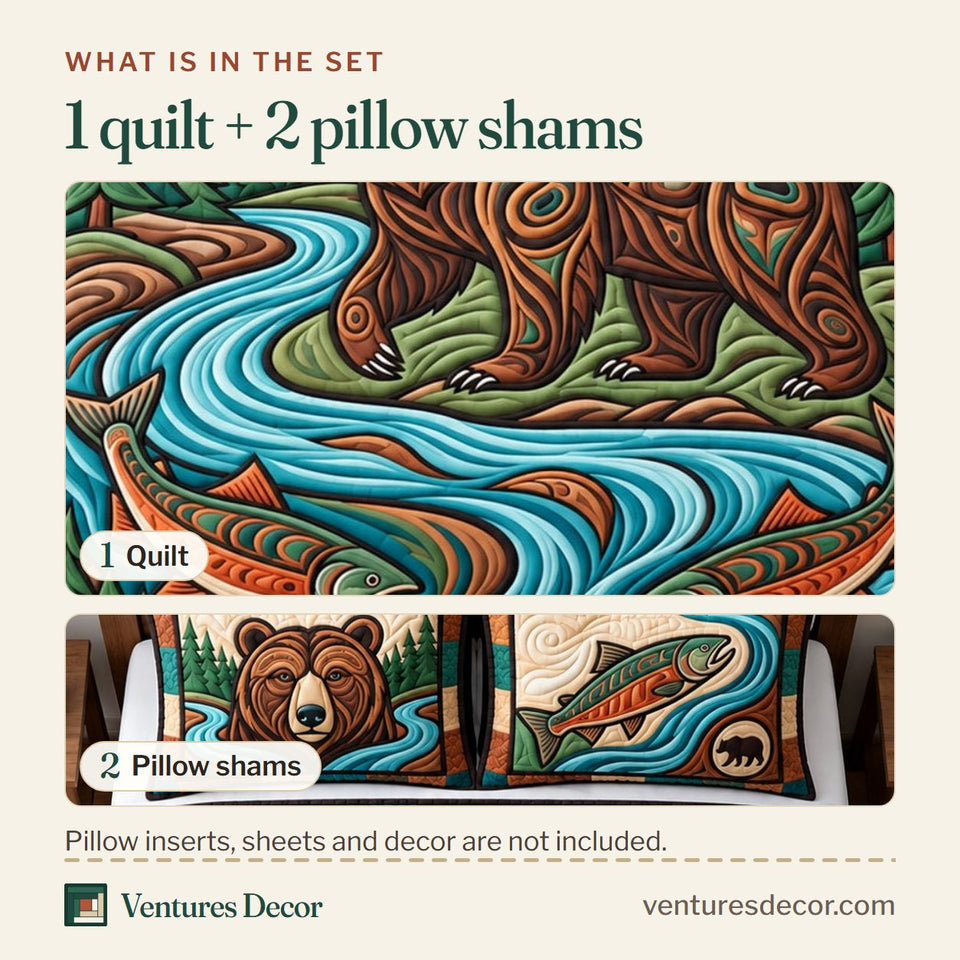 What is in the set: one quilt and two pillow shams, shown in the Salmon River Bear design