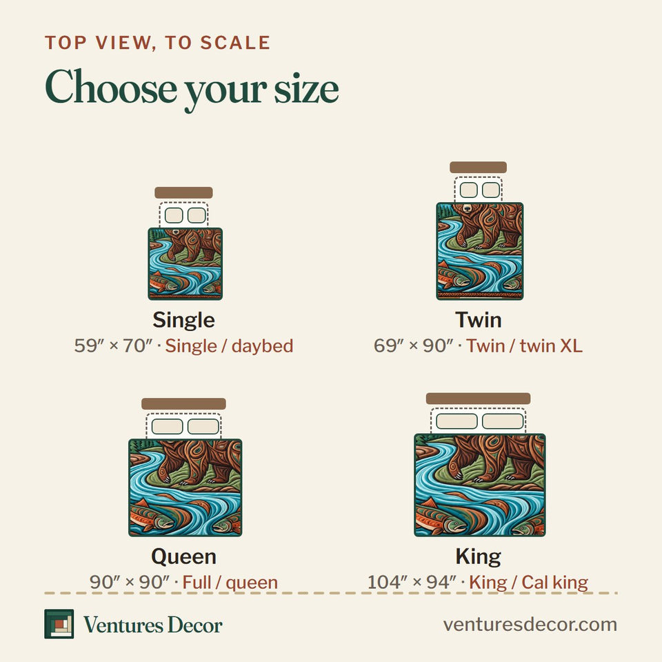 Size guide for the Salmon River Bear quilt, top view to scale: Single 59 x 70 in, Twin 69 x 90 in, Queen 90 x 90 in, King 104 x 94 in