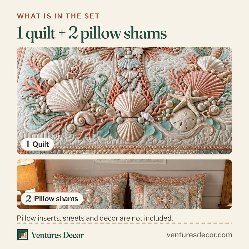 What is in the set: one quilt and two pillow shams, shown in the Salt Whisper Coral Cross Shell Blocks design