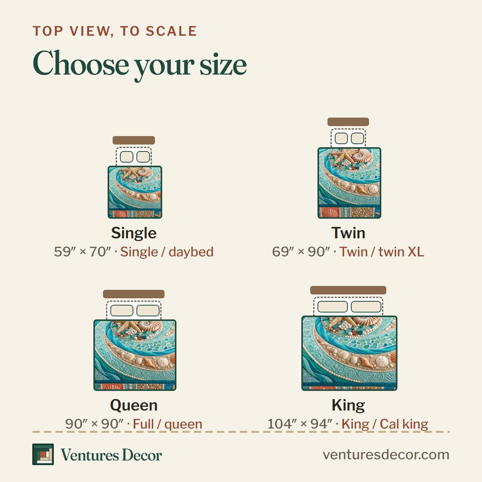 Size guide for the Salt Whisper Turquoise Shell Spiral quilt, top view to scale: Single 59 x 70 in, Twin 69 x 90 in, Queen 90 x 90 in, King 104 x 94 in