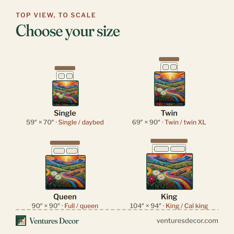 Size guide for the Salvation Sunrise Cross quilt, top view to scale: Single 59 x 70 in, Twin 69 x 90 in, Queen 90 x 90 in, King 104 x 94 in