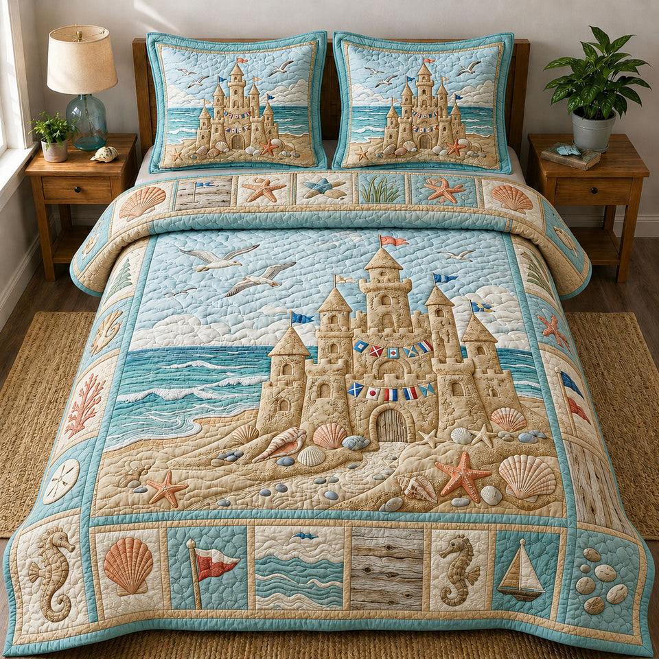 Sandcastle By The Sea quilted bedding set, quilt and two pillow shams on a made bed