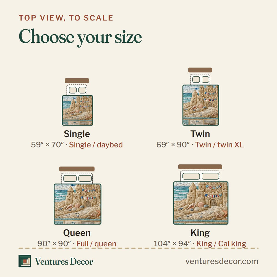 Size guide for the Sandcastle By The Sea quilt, top view to scale: Single 59 x 70 in, Twin 69 x 90 in, Queen 90 x 90 in, King 104 x 94 in