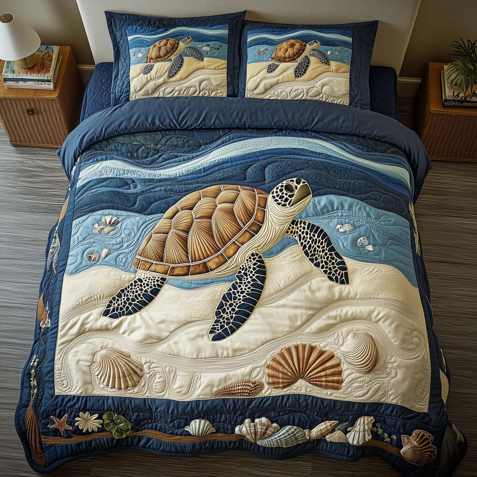 Sandy Turtle quilted bedding set, quilt and two pillow shams on a made bed