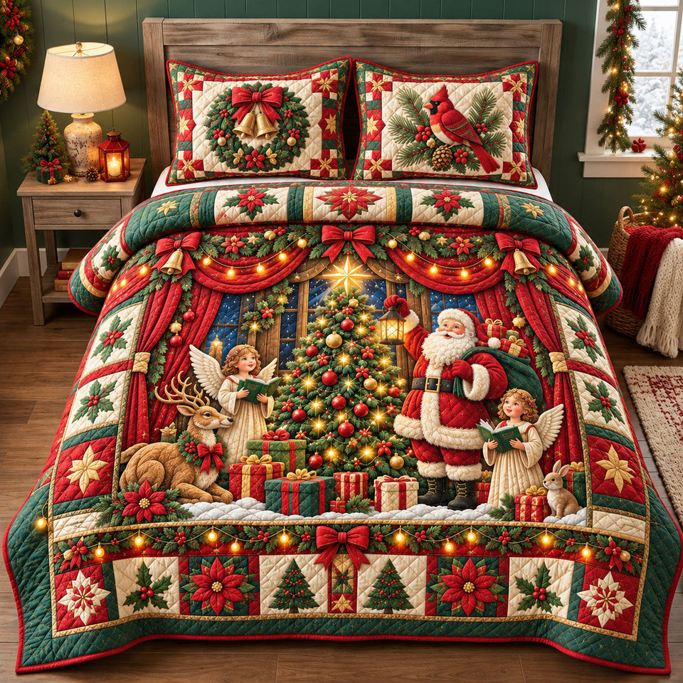Santa Angel Christmas quilted bedding set, quilt and two pillow shams on a made bed
