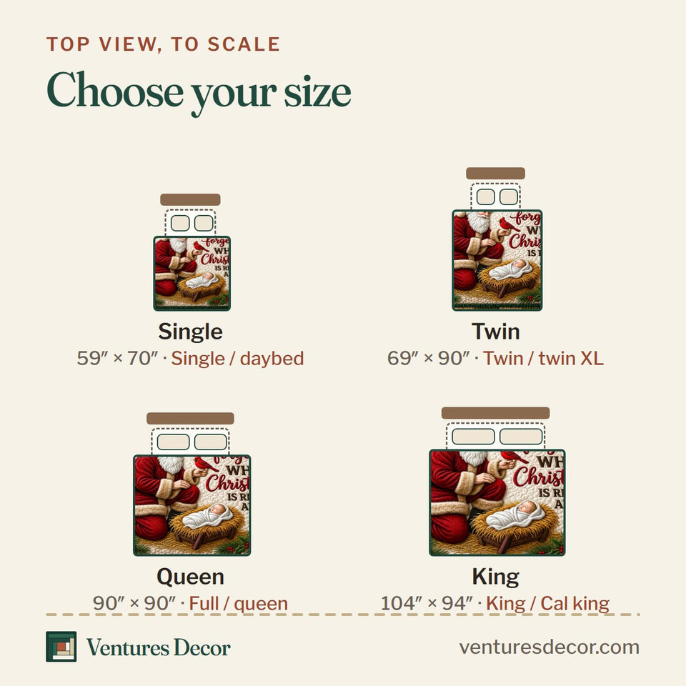 Size guide for the Santa at the Manger quilt, top view to scale: Single 59 x 70 in, Twin 69 x 90 in, Queen 90 x 90 in, King 104 x 94 in