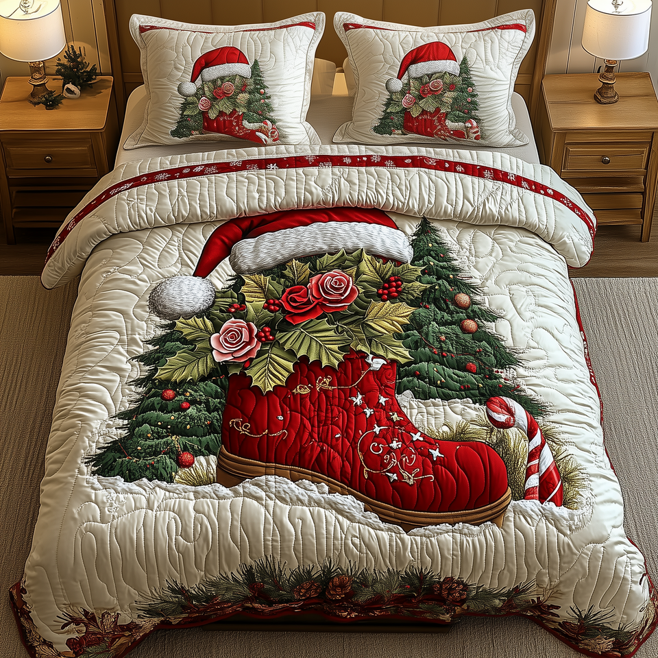 Santa Boot Rose Bundle quilted bedding set, quilt and two pillow shams on a made bed