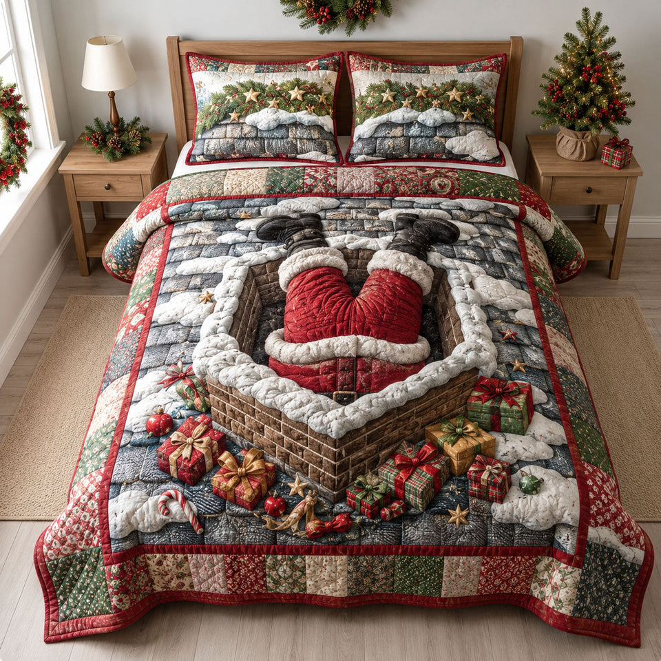 Santa Chimney Surprise quilted bedding set, quilt and two pillow shams on a made bed
