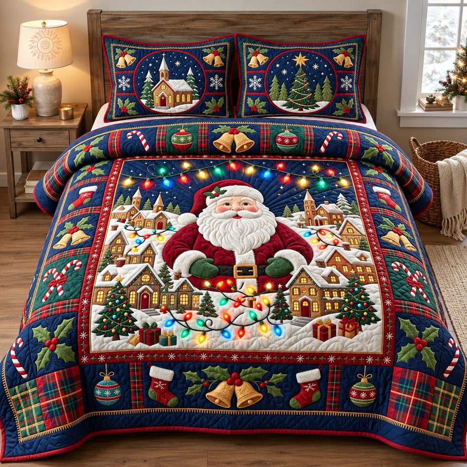 Santa Christmas Village Angel quilted bedding set, quilt and two pillow shams on a made bed