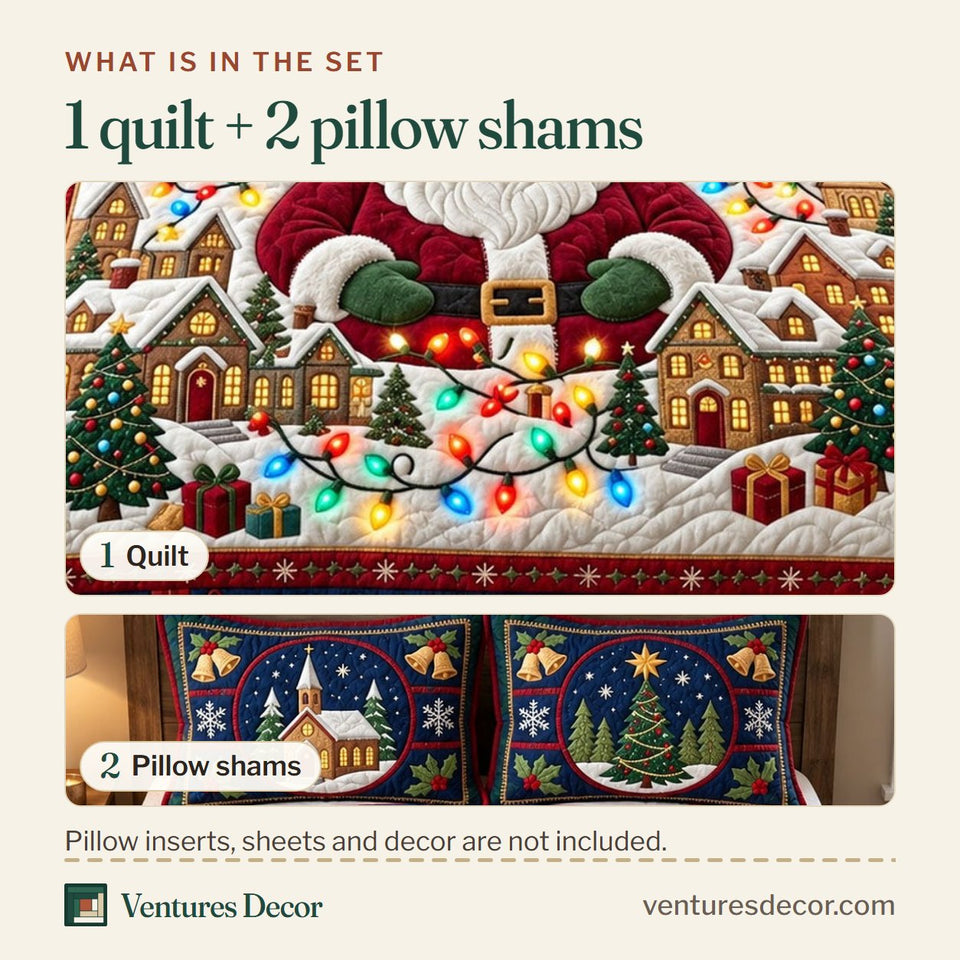 What is in the set: one quilt and two pillow shams, shown in the Santa Christmas Village Angel design