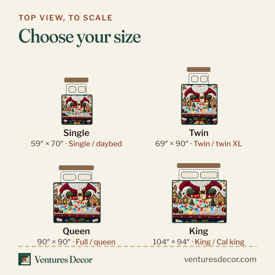 Size guide for the Santa Christmas Village Angel quilt, top view to scale: Single 59 x 70 in, Twin 69 x 90 in, Queen 90 x 90 in, King 104 x 94 in