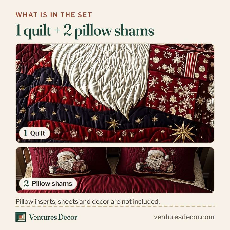 What is in the set: one quilt and two pillow shams, shown in the Santa Claus Burgundy Gift in Hands design
