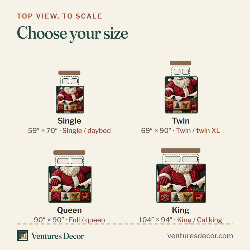 Size guide for the Santa Claus Checkerboard Blocks Wave quilt, top view to scale: Single 59 x 70 in, Twin 69 x 90 in, Queen 90 x 90 in, King 104 x 94 in