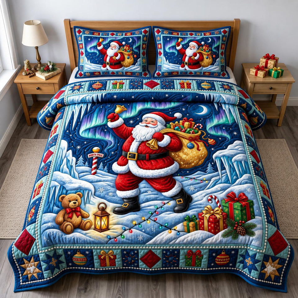Santa Claus Christmas Gift quilted bedding set, quilt and two pillow shams on a made bed