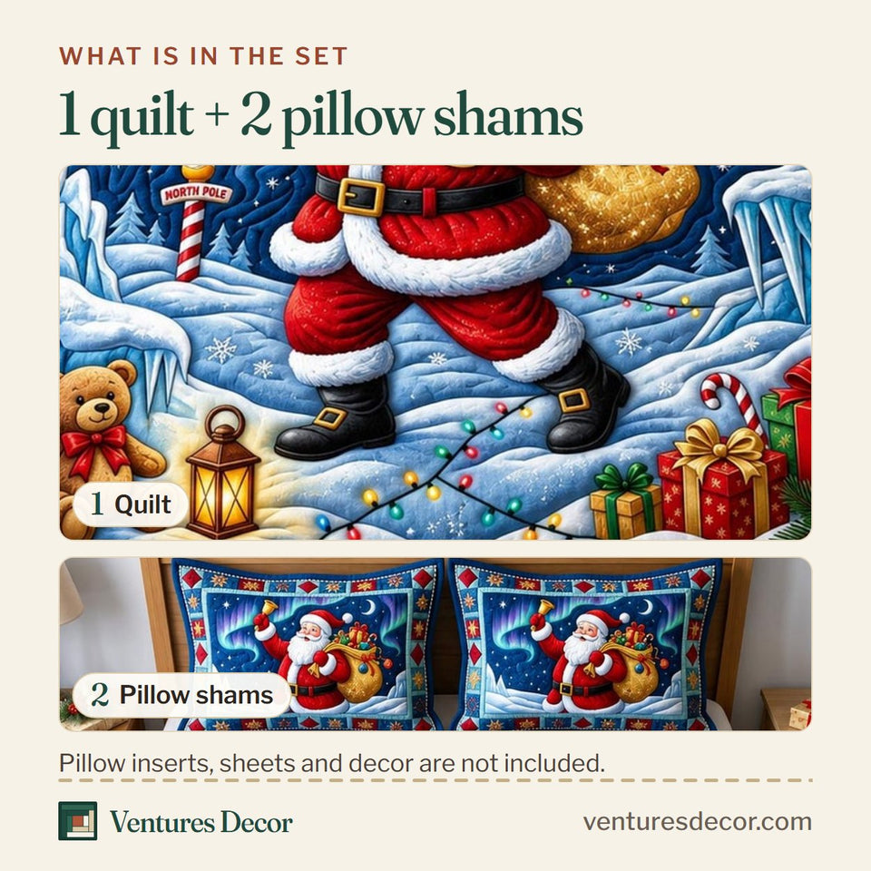 What is in the set: one quilt and two pillow shams, shown in the Santa Claus Christmas Gift design