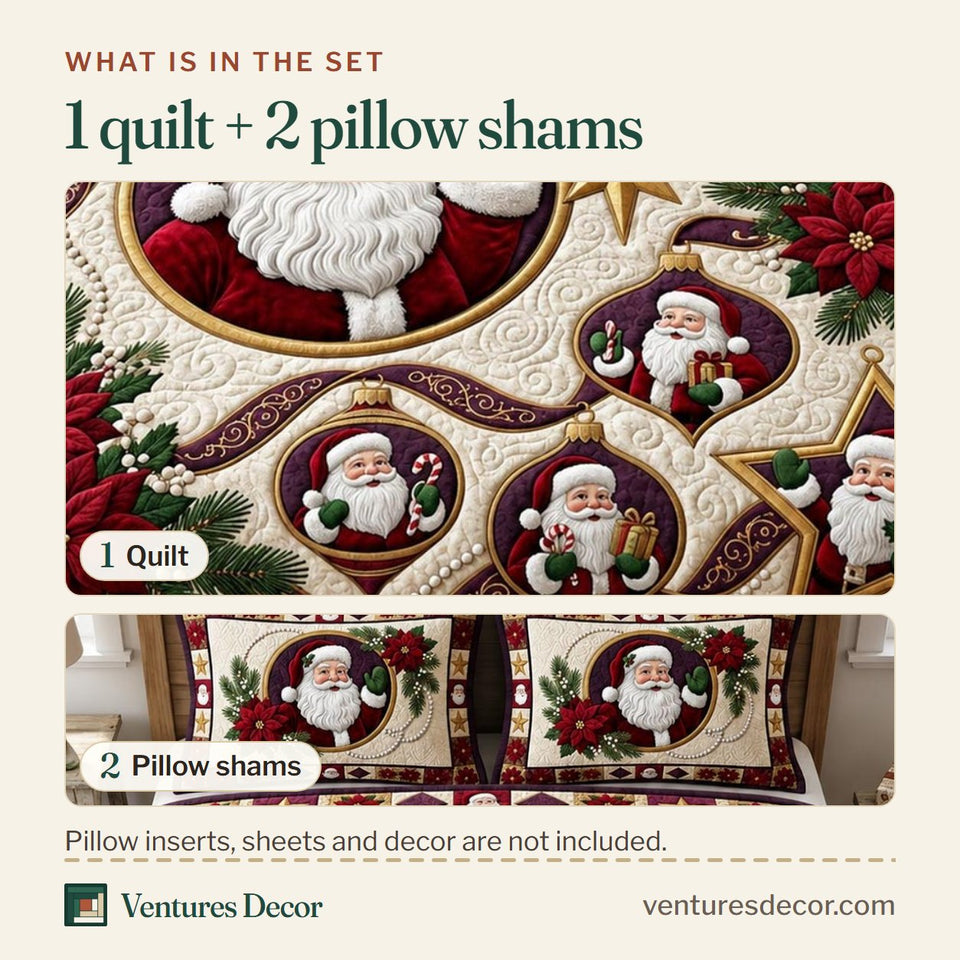 What is in the set: one quilt and two pillow shams, shown in the Santa Claus Christmas design