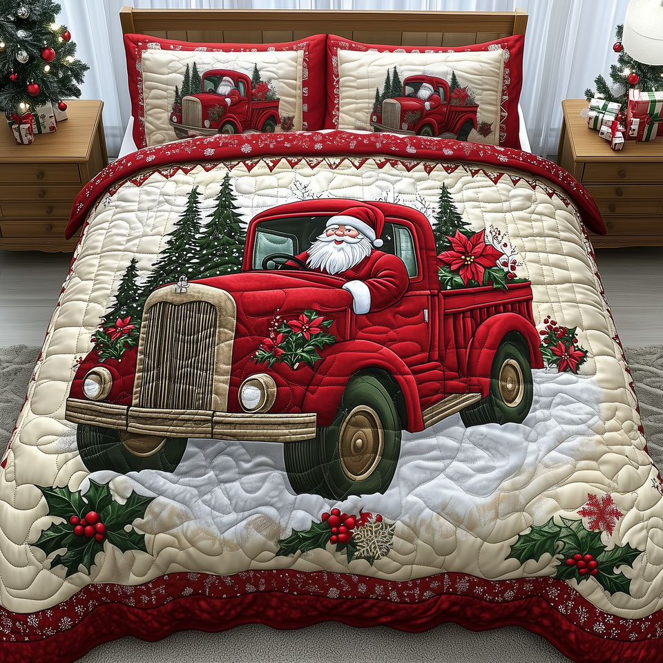 Santa Claus Is Coming Poinsettia Truck Bed quilted bedding set, quilt and two pillow shams on a made bed