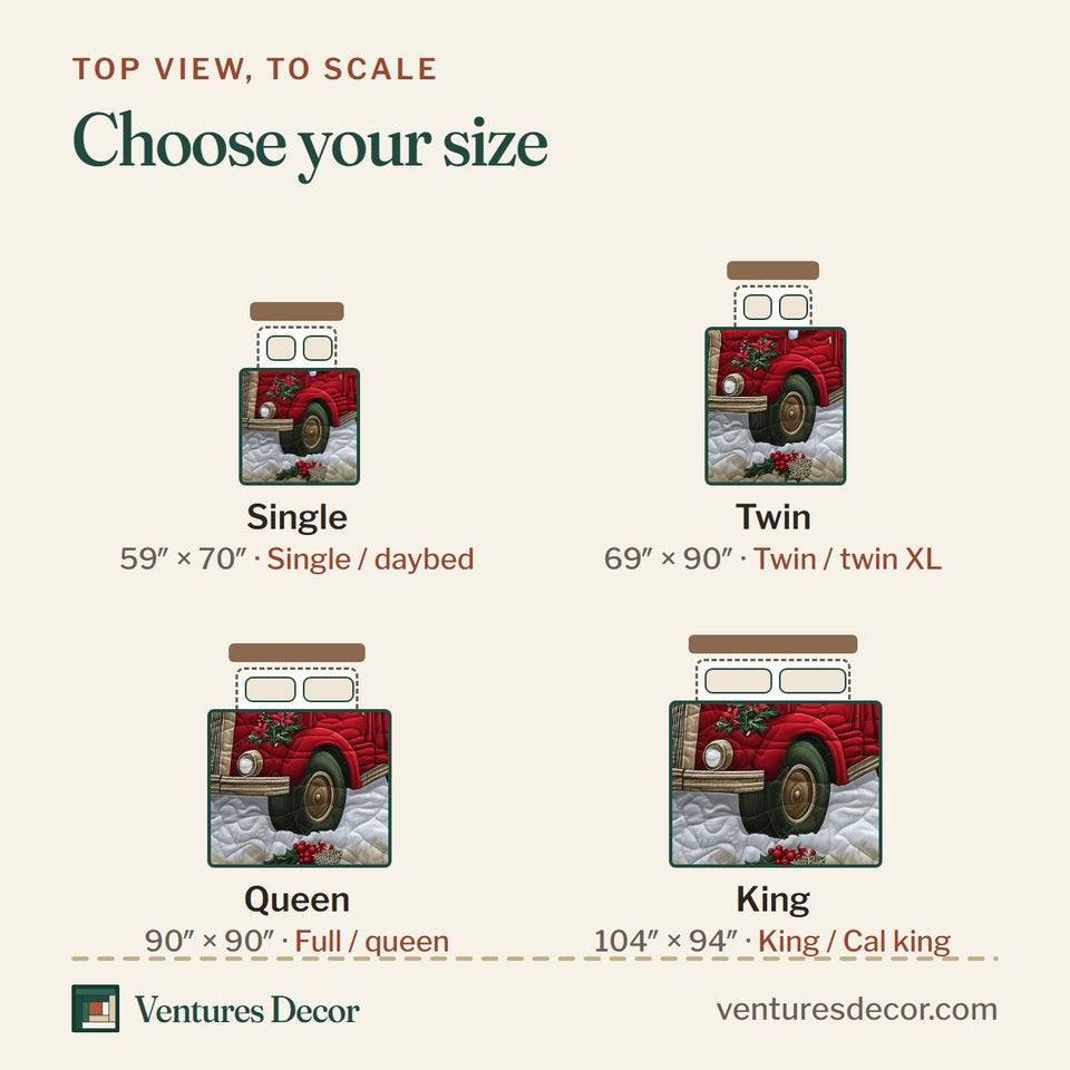 Size guide for the Santa Claus Is Coming Poinsettia Truck Bed quilt, top view to scale: Single 59 x 70 in, Twin 69 x 90 in, Queen 90 x 90 in, King 104 x 94 in