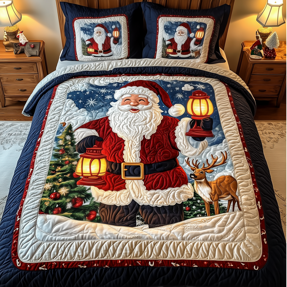 Santa Claus Navy Lantern and Reindeer quilted bedding set, quilt and two pillow shams on a made bed