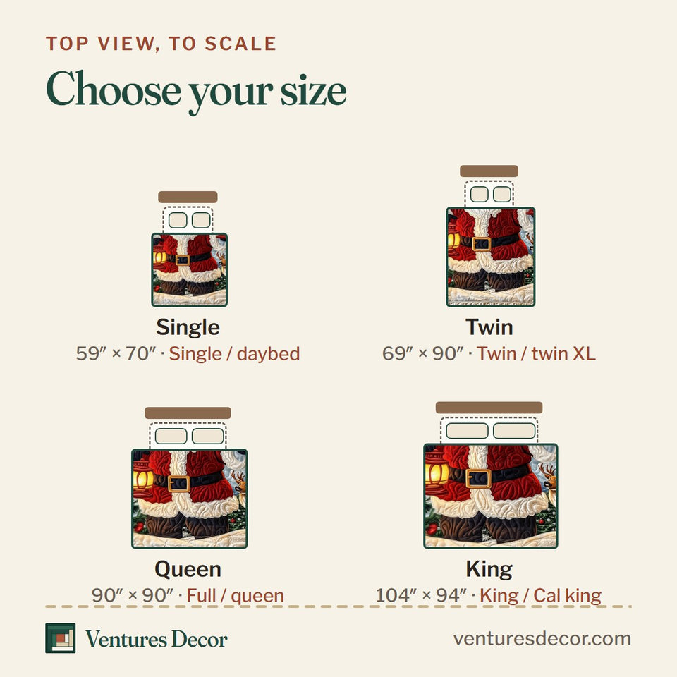 Size guide for the Santa Claus Navy Lantern and Reindeer quilt, top view to scale: Single 59 x 70 in, Twin 69 x 90 in, Queen 90 x 90 in, King 104 x 94 in