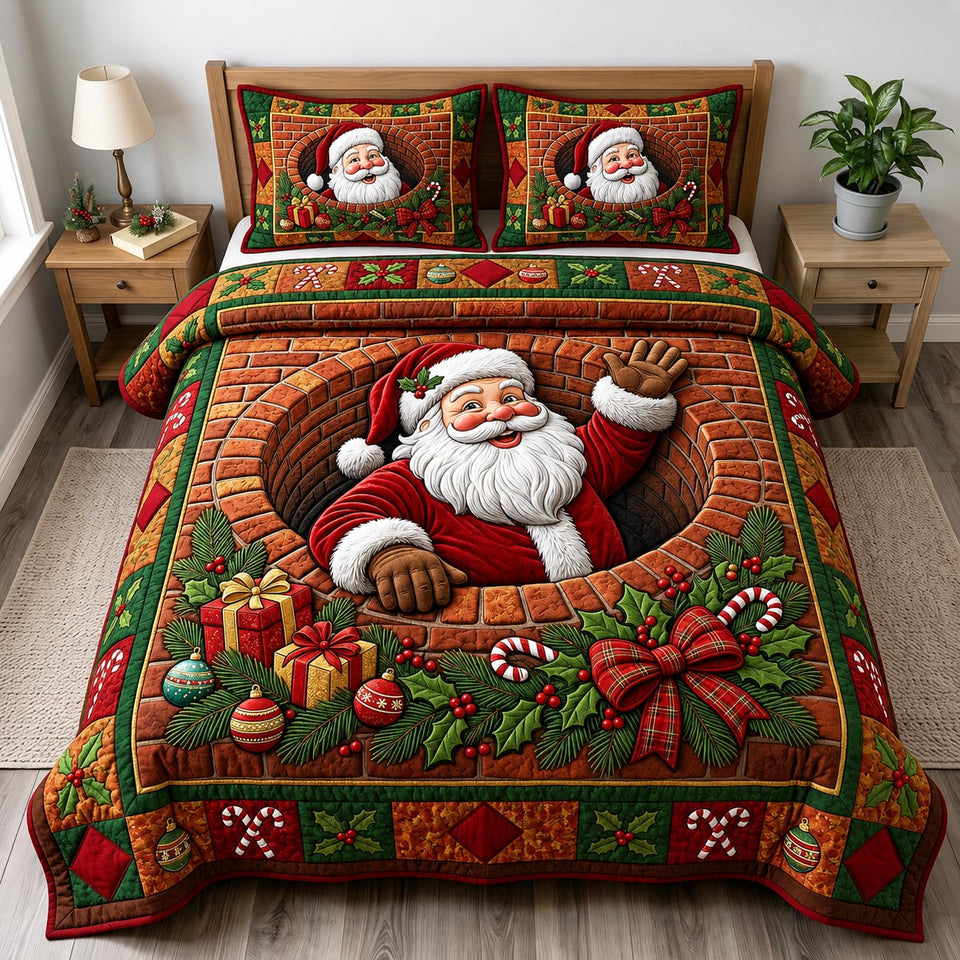 Santa Claus quilted bedding set, quilt and two pillow shams on a made bed