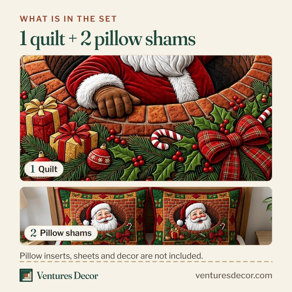 What is in the set: one quilt and two pillow shams, shown in the Santa Claus design