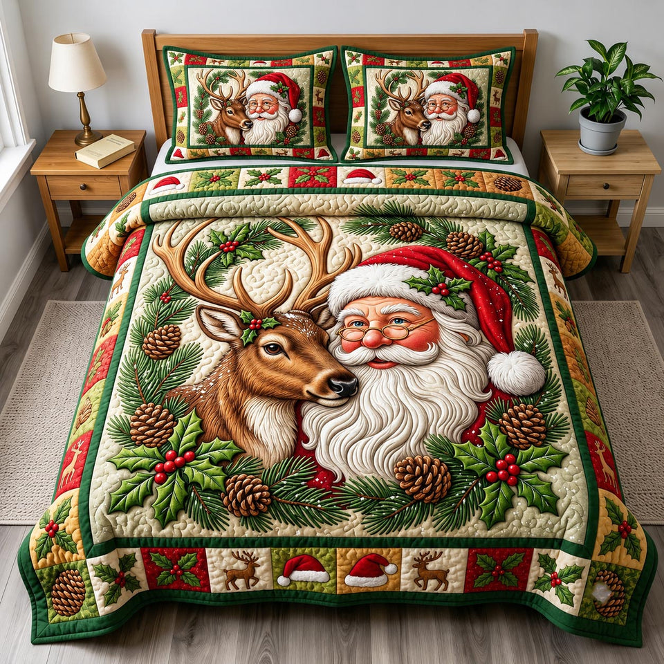 Santa Claus Reindeer Companion Holly quilted bedding set, quilt and two pillow shams on a made bed