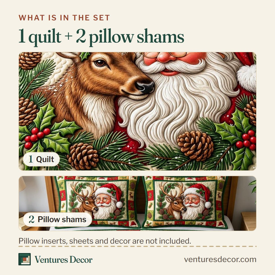 What is in the set: one quilt and two pillow shams, shown in the Santa Claus Reindeer Companion Holly design