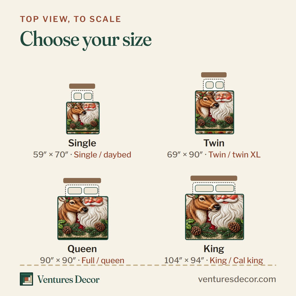 Size guide for the Santa Claus Reindeer Companion Holly quilt, top view to scale: Single 59 x 70 in, Twin 69 x 90 in, Queen 90 x 90 in, King 104 x 94 in