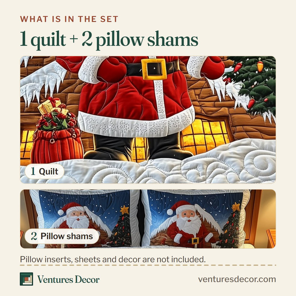 What is in the set: one quilt and two pillow shams, shown in the Santa Claus Rooftop Gifts Blue Night design