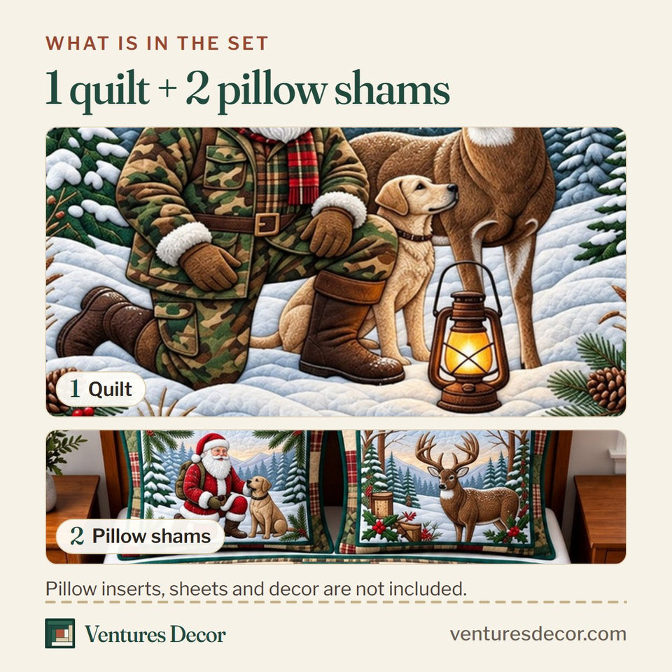 What is in the set: one quilt and two pillow shams, shown in the Santa Deer Hunt design