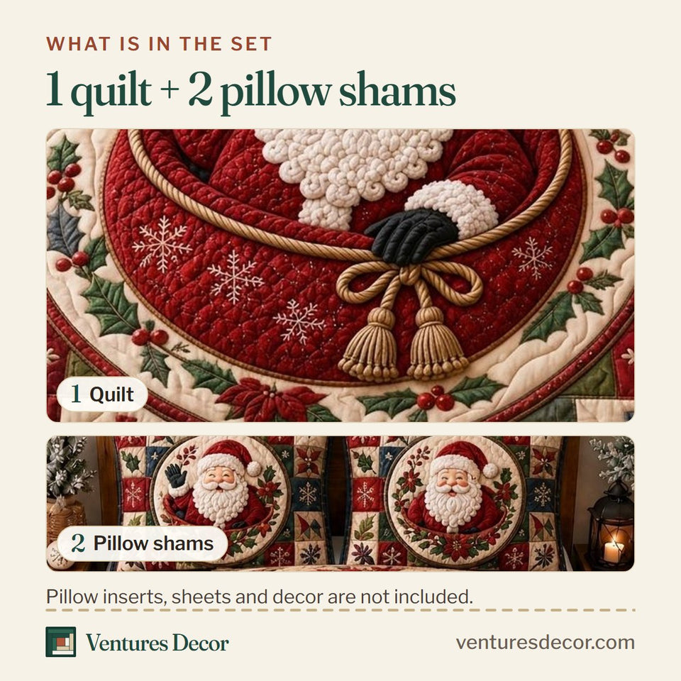 What is in the set: one quilt and two pillow shams, shown in the Santa Holiday Dreams design