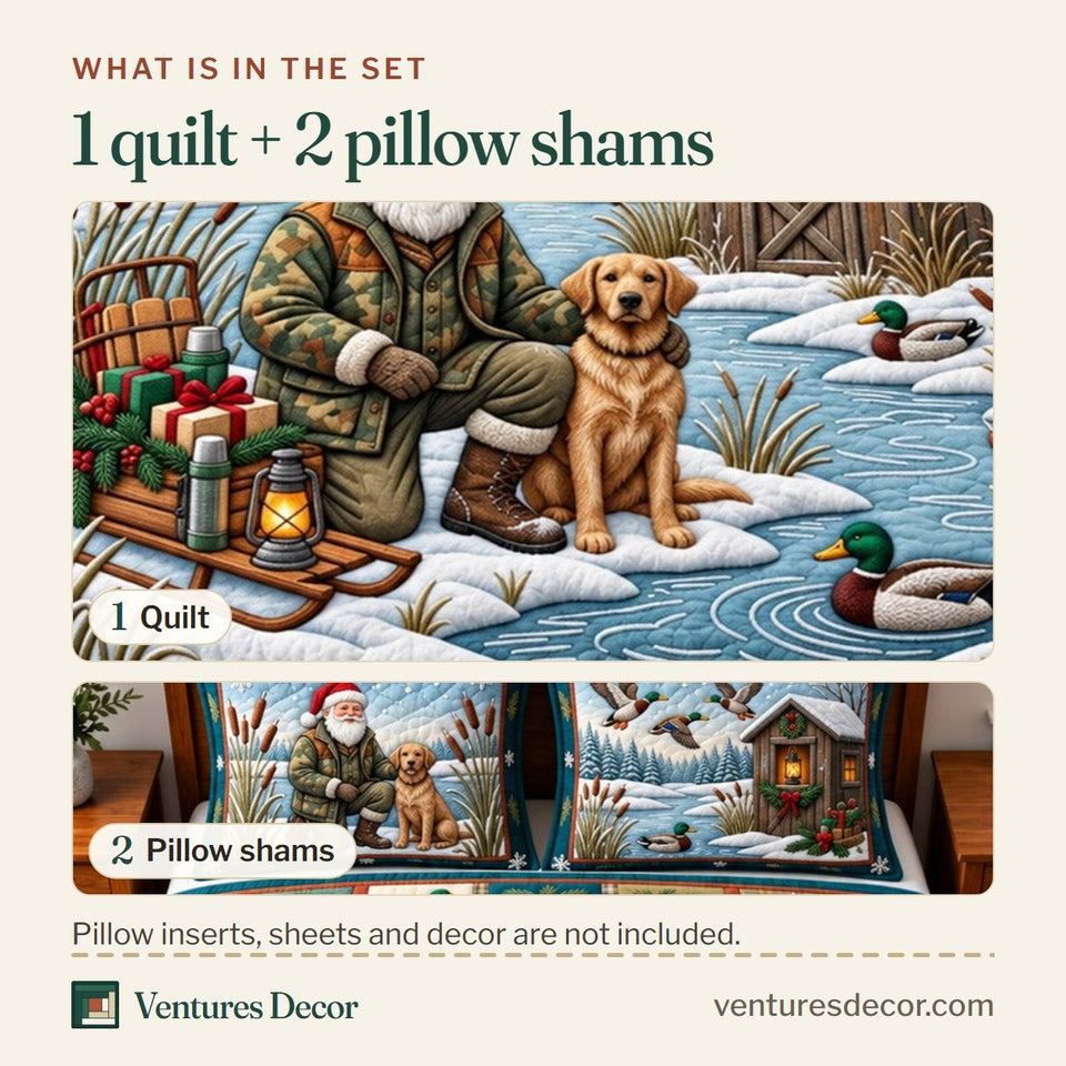 What is in the set: one quilt and two pillow shams, shown in the Santa Hunting design