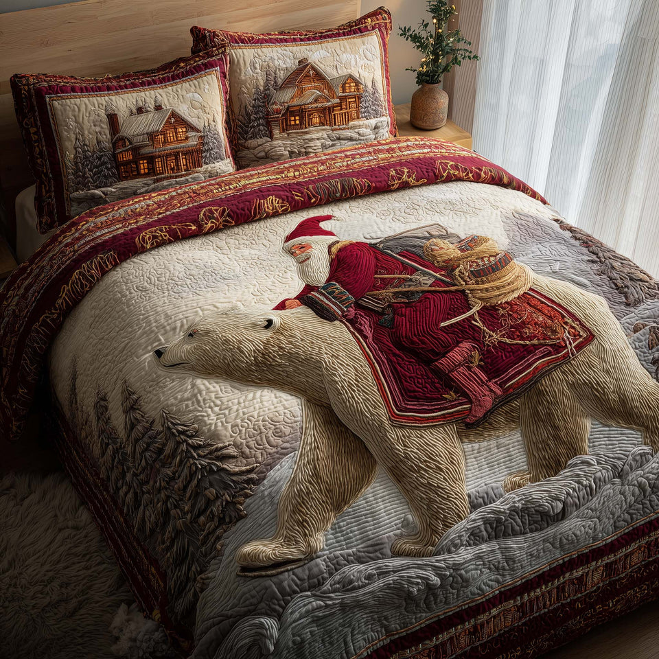 Santa Journey Polar Bear Red Border quilted bedding set, quilt and two pillow shams on a made bed