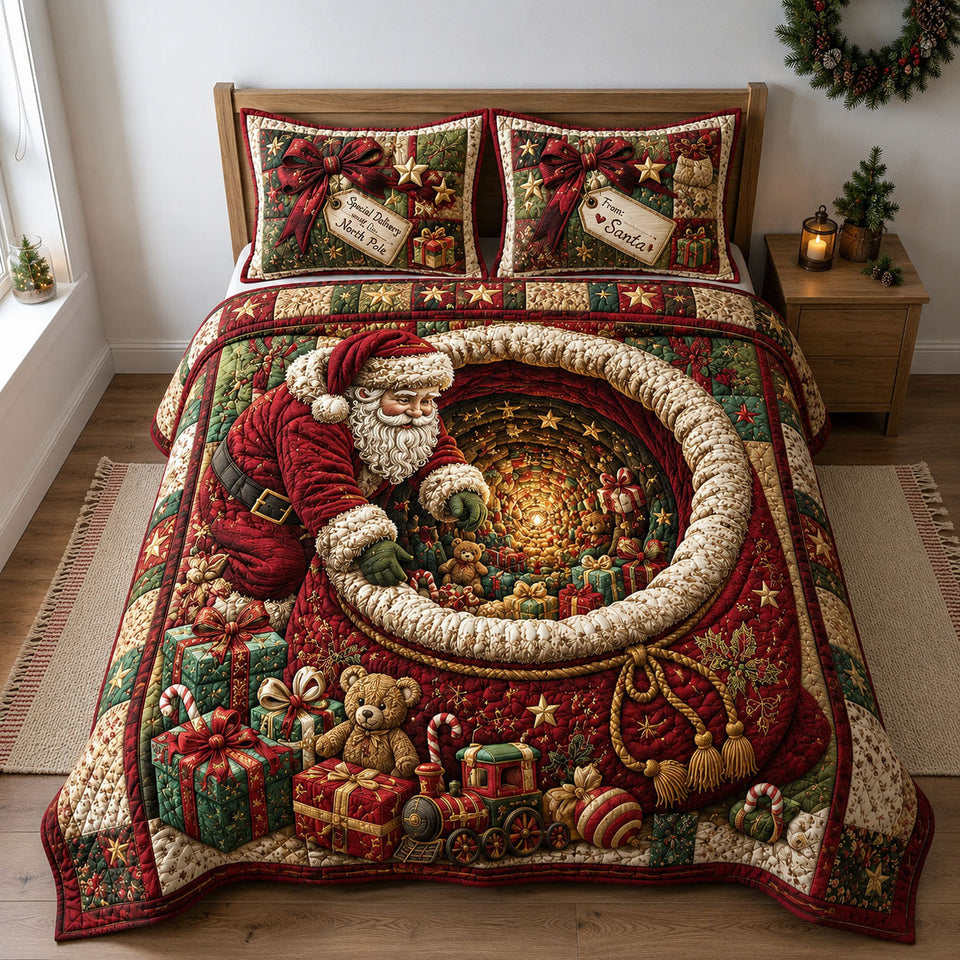 Santa Magic Gift Tunnel quilted bedding set, quilt and two pillow shams on a made bed