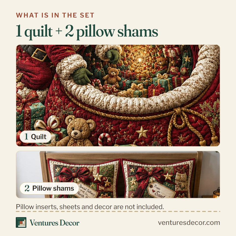 What is in the set: one quilt and two pillow shams, shown in the Santa Magic Gift Tunnel design
