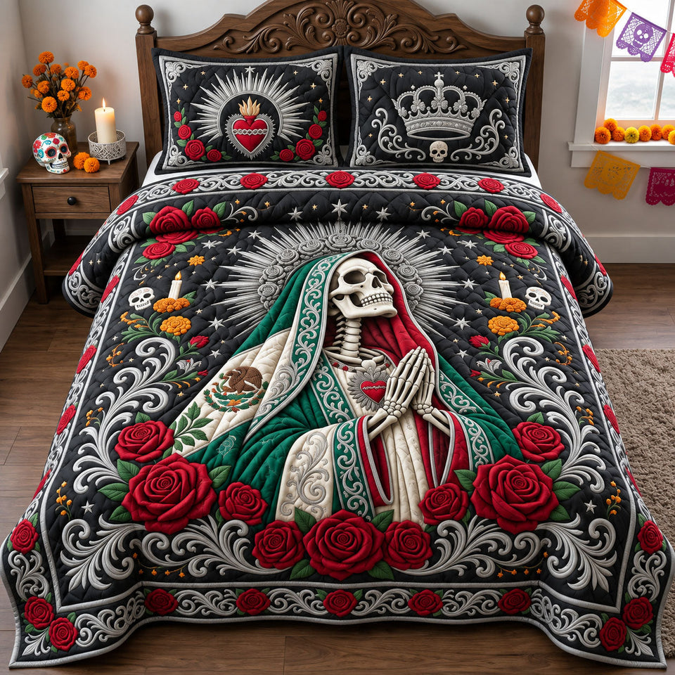 Santa Muerte Altar quilted bedding set, quilt and two pillow shams on a made bed